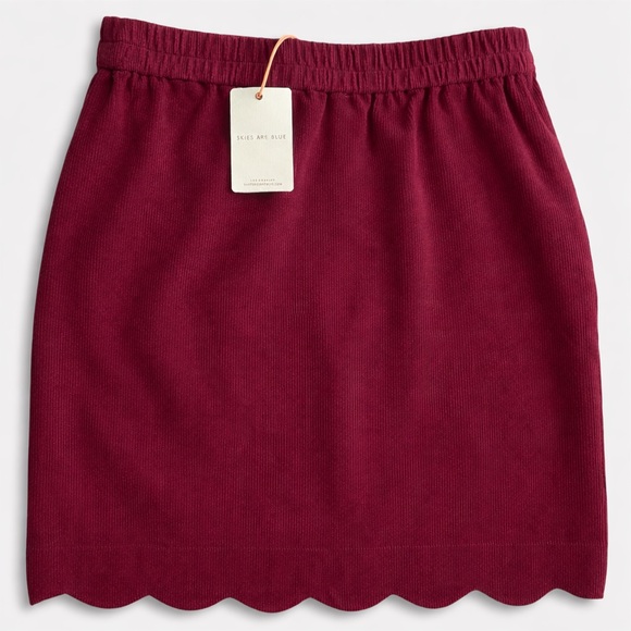 Skies Are Blue NWT Ribbed Knit Scalloped Hem Skirt Petite Small Burgundy Stretch - Picture 2 of 8